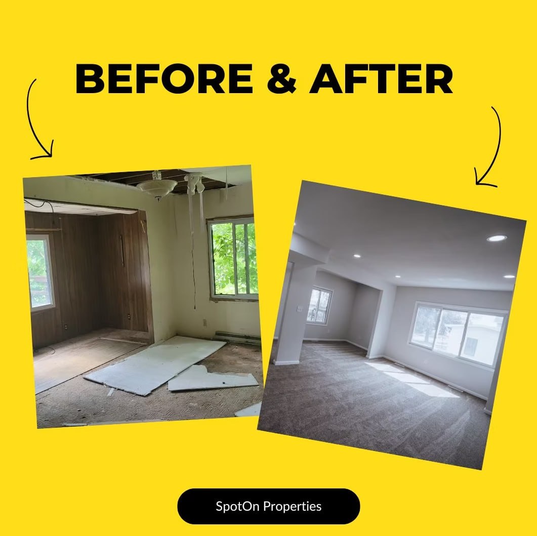 Living room gut renovation before and after
