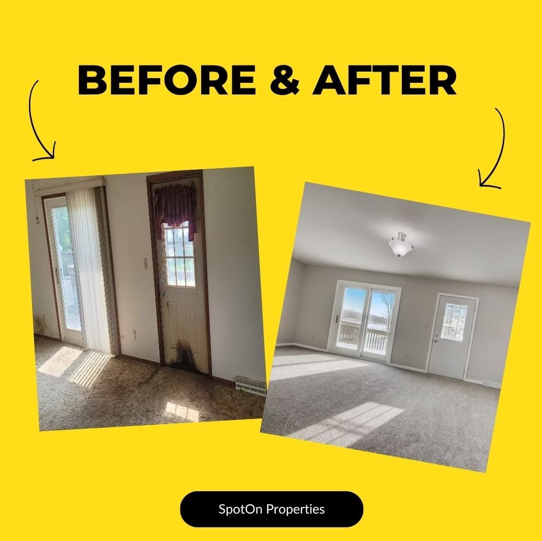 Living room and entry before and after