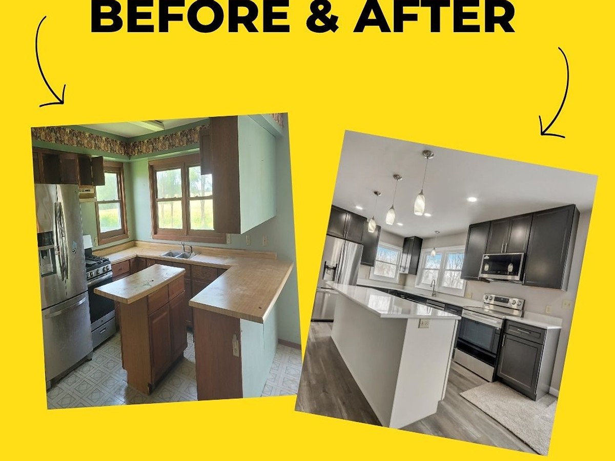 Kitchen with island before and after